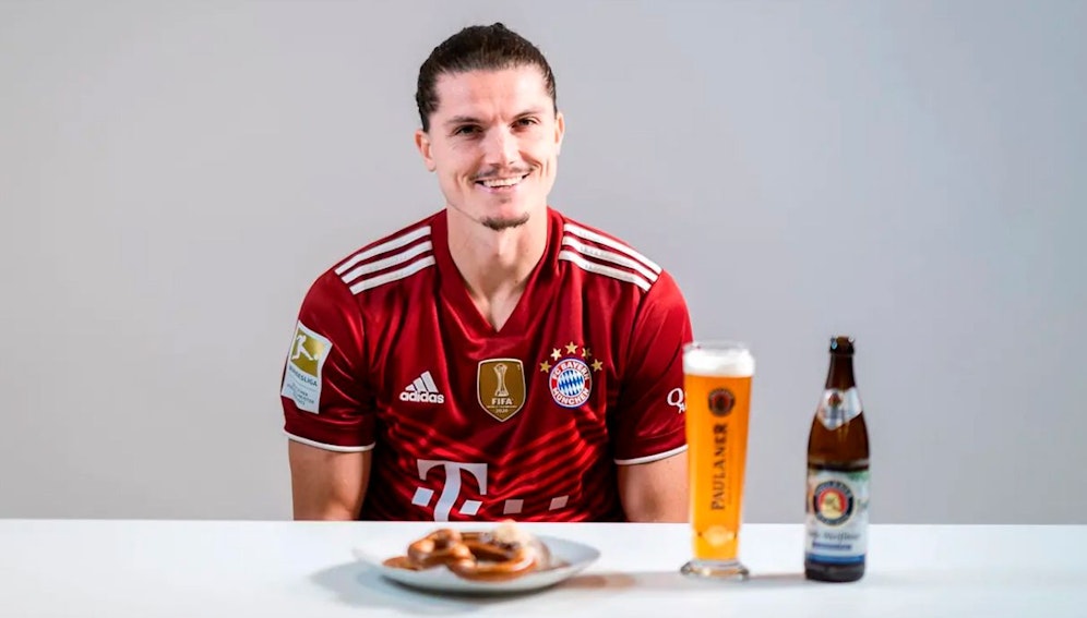 Marcel Sabitzer mit Brezel und Weißbier.