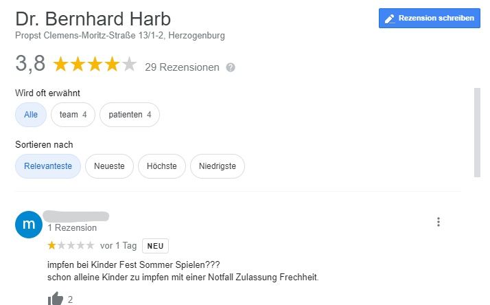 Impfgegner kritisierten den Arzt via Google.