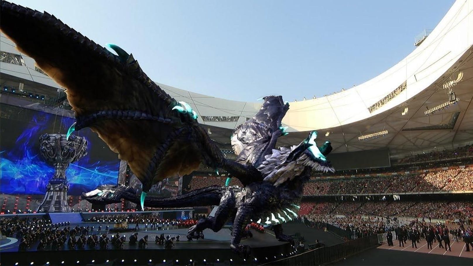 Eindrückliche Shows und Locations sind am Finalspiel eine Tradition. Hier 2017 mit einem riesigen Drachen in Beijing.