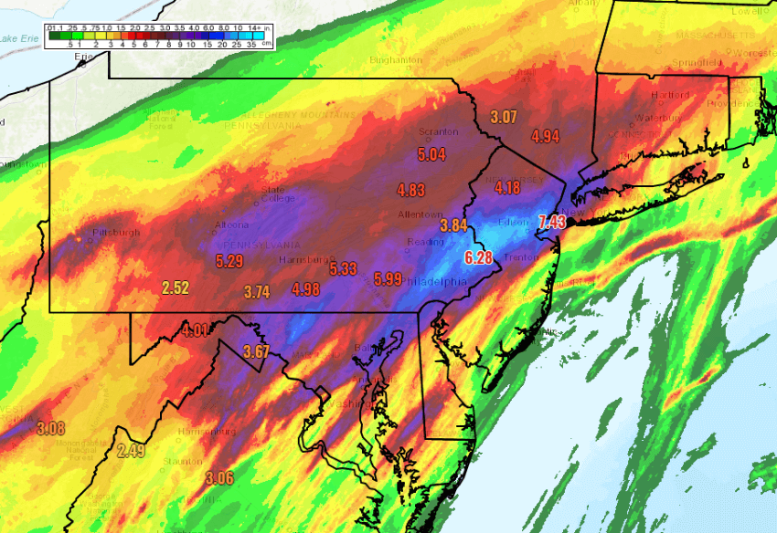 Akkumulierte Regenmengen am 01.09.2021 im Nordosten der USA