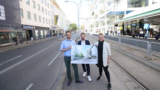 Die Wiener Grünen wollen das Gebiet um den neuen City-Ikea am Westbahnhof zur Begegnungszone machen. Von links nach rechts: Mobilitätssprecher Kilian Stark, Klimastadtrat Peter Kraus und Cathy Schneider, Klubobfrau der Grünen in Fünfhaus.