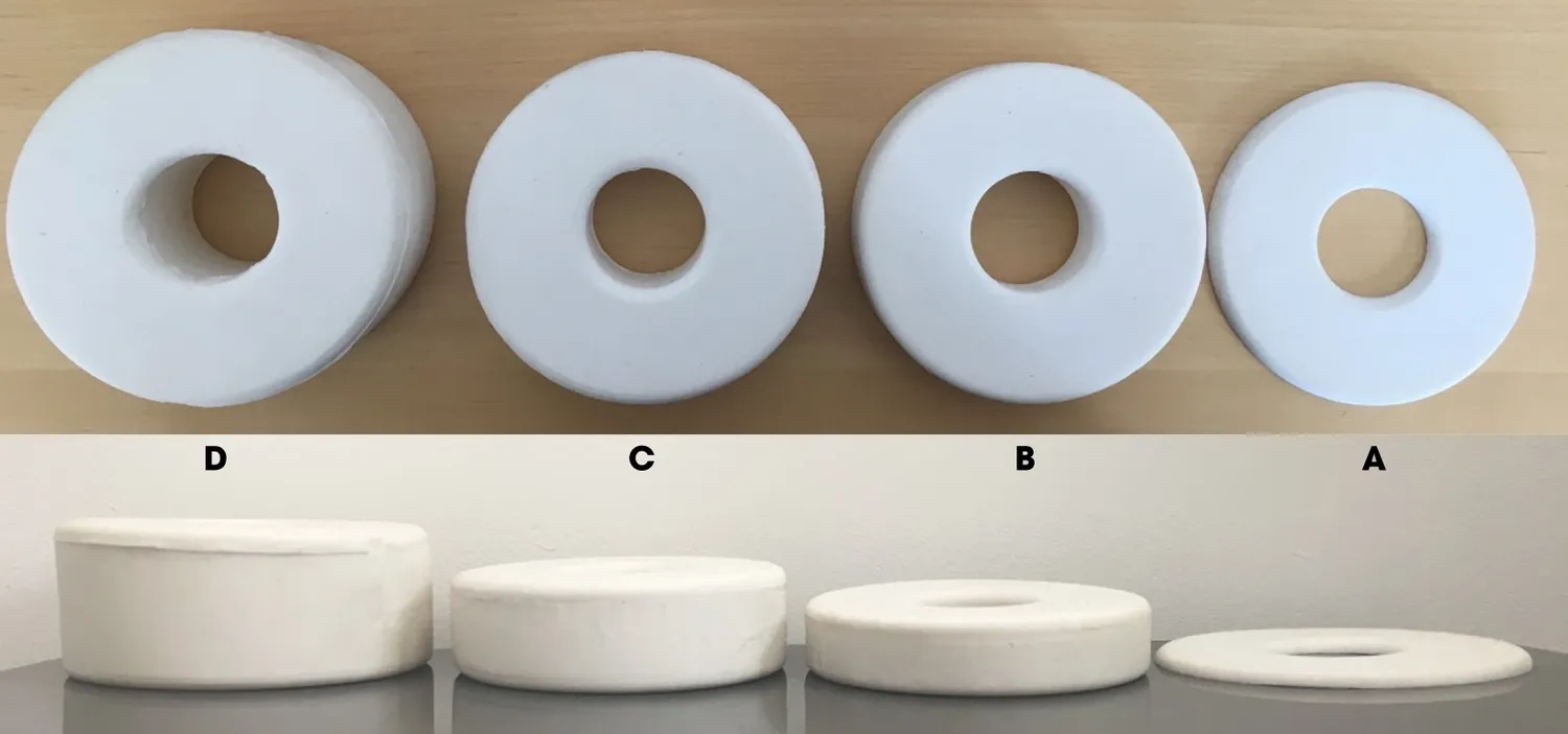 von links nach rechts: Die Ringe begrenzen die Penetration um 5,03 cm , 3,81 cm, 2,54 cm, 0,5 cm.