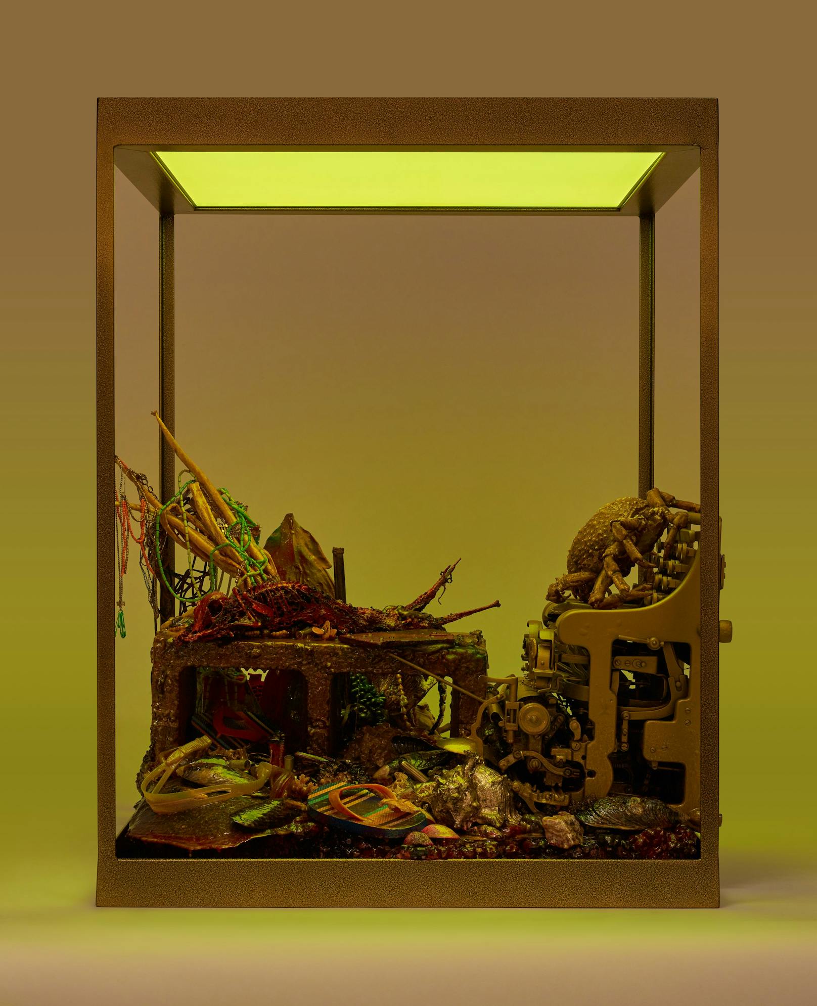 Max Hooper SchneiderDross Vanitas (Yellow), 2019Metal, frame , LED panel, Epoxy Preservative, imported detritus and found matter86 x 66 x 66 cm