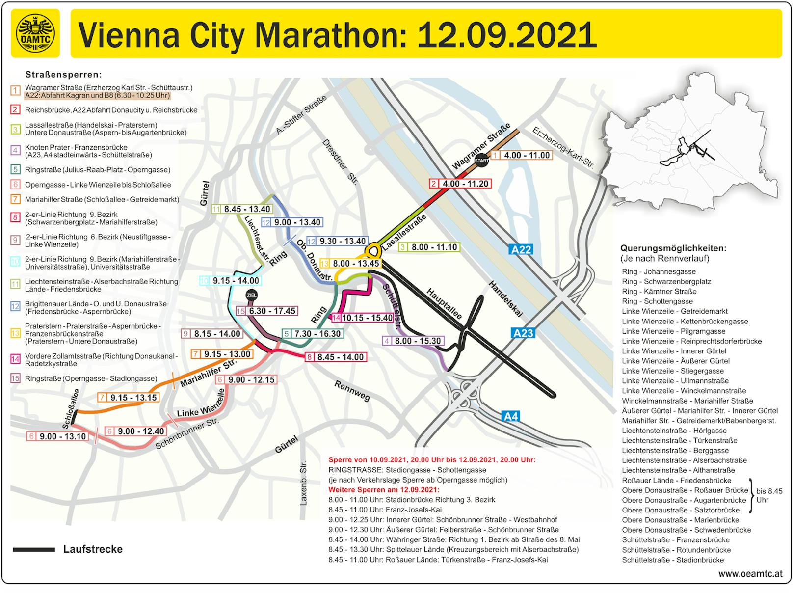 Diese Straßen werden für den Vienna City Marathon am Sonntag gesperrt.