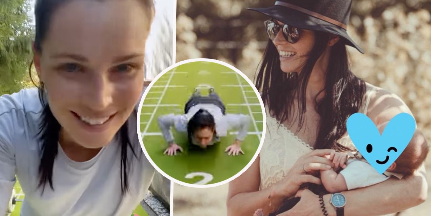 Anna Veith trainiert für den Ski-Winter, hält Baby Henry im Arm.