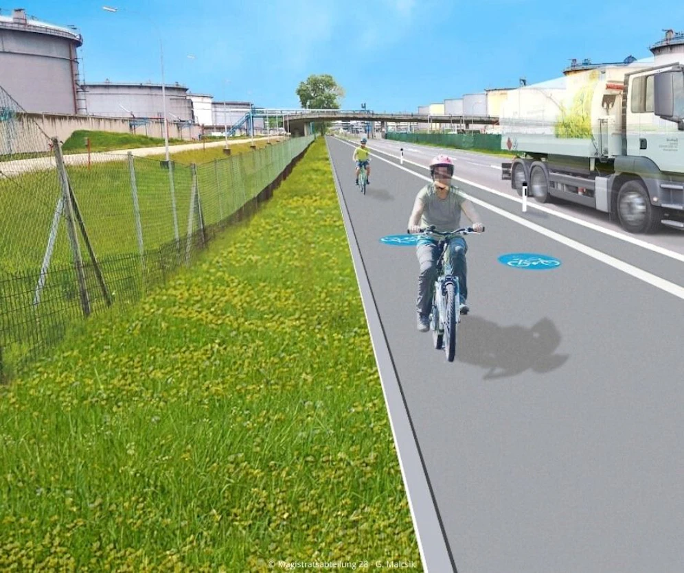 In der Lobgrundstraße (Donaustadt) entsteht ein neuer Zweirichtungsradweg in die Lobau. Heute beginnen die Arbeiten.