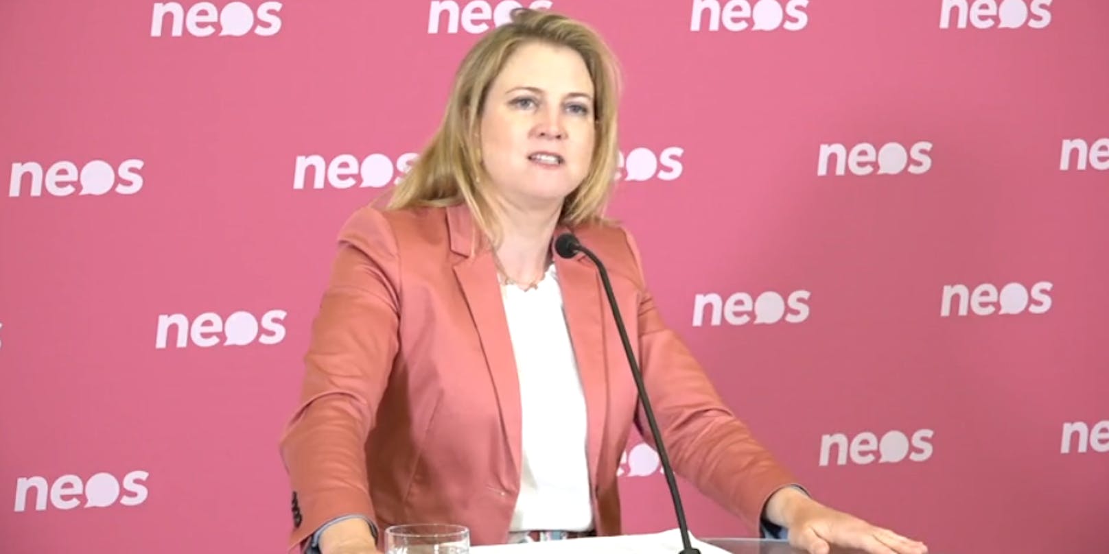 NEOS-Klubobfrau Beate Meinl-Reisinger im Rahmen einer Pressekonferenz.