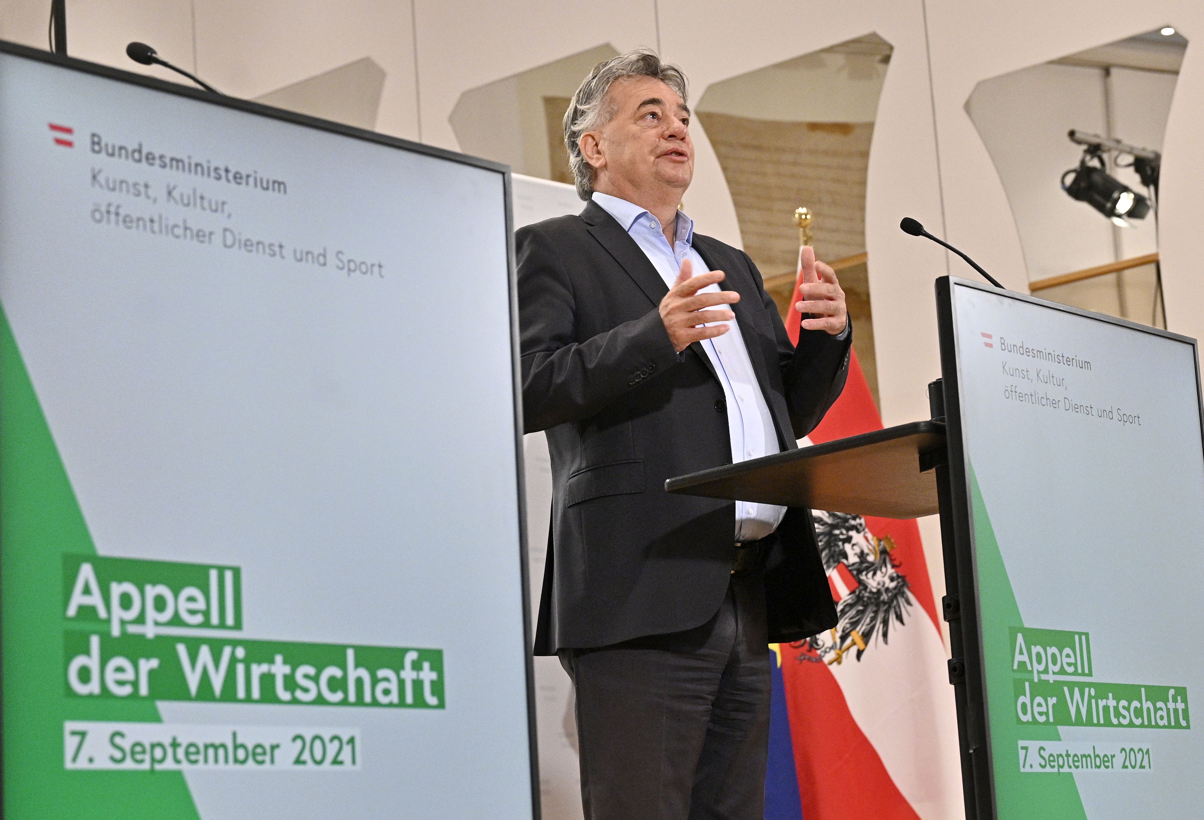 Vizekanzler Werner Kogler beim Appell der Wirtschaft am 7. September 2021.