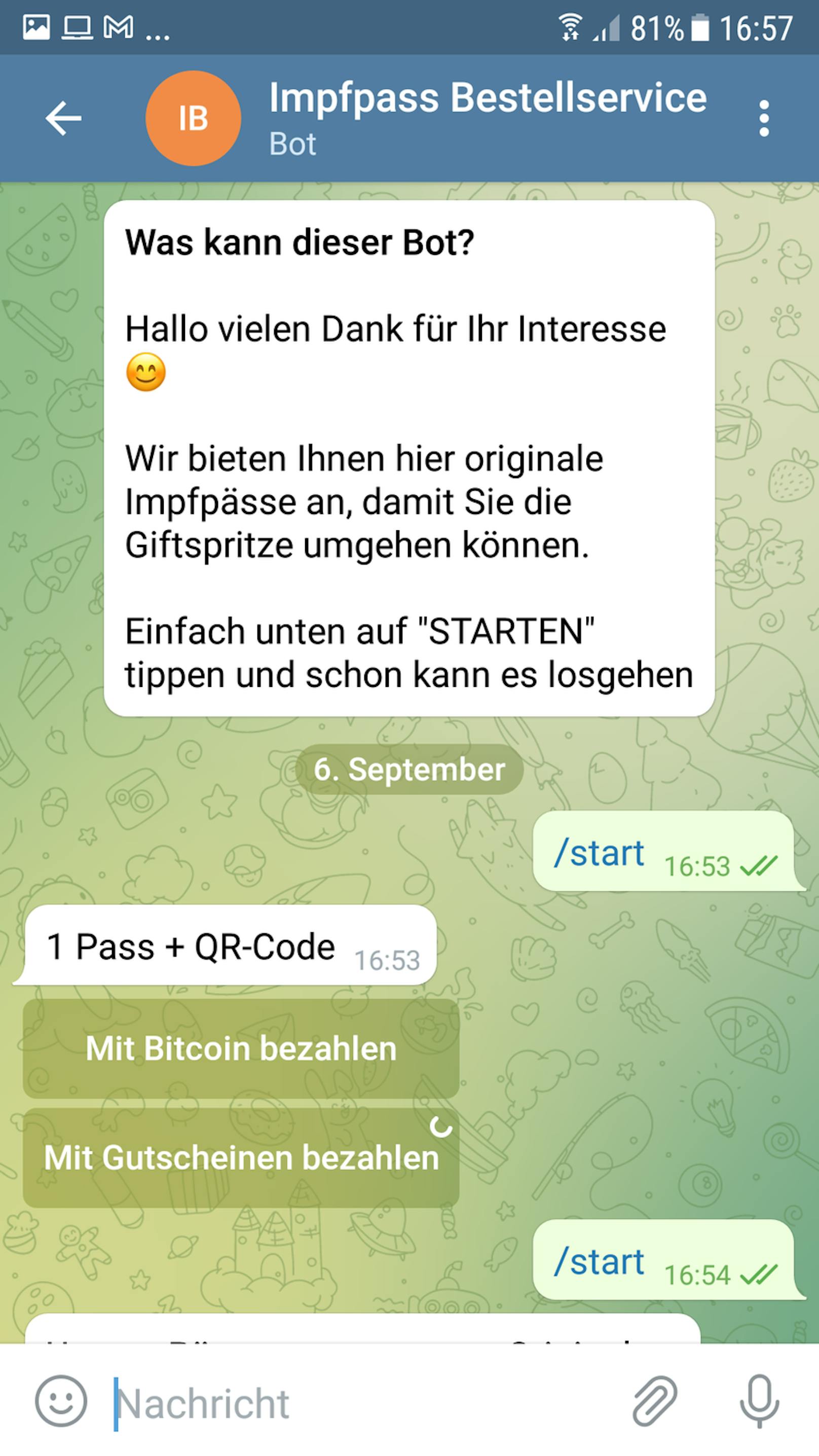Auf Telegram kann man per Chatbot einen Pass bestellen.