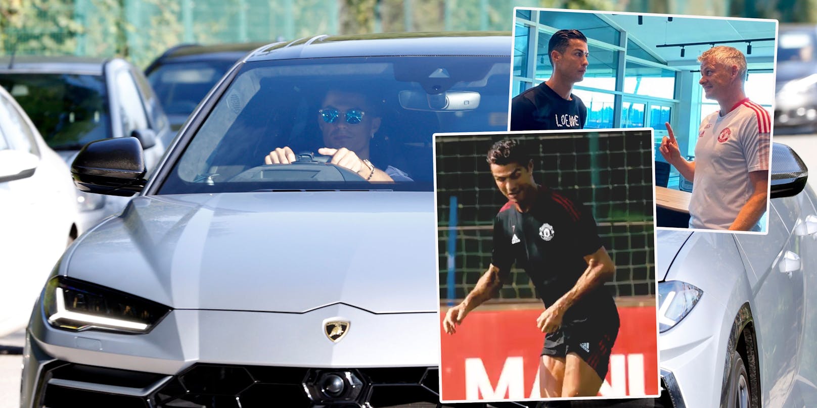 Cristiano Ronaldo fährt im Lamborghini zum ersten United-Training vor, trifft Trainer Ole Gunnar Solskjaer und hat Spaß im Training.