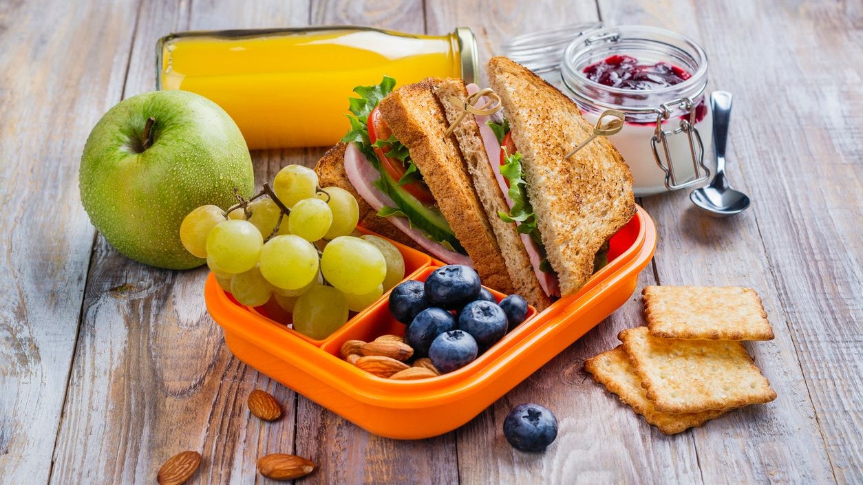 Healthy kids lunchbox with sandwich, fruits and orange juice