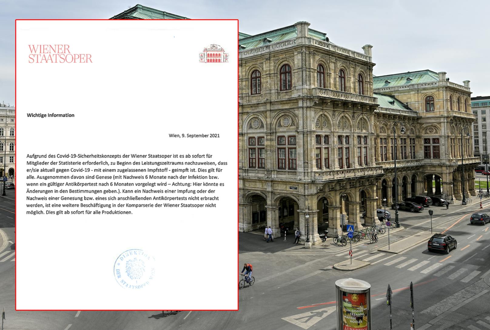 Die Wiener Staatsoper schickte an Rundschreiben an Komparsen aus.