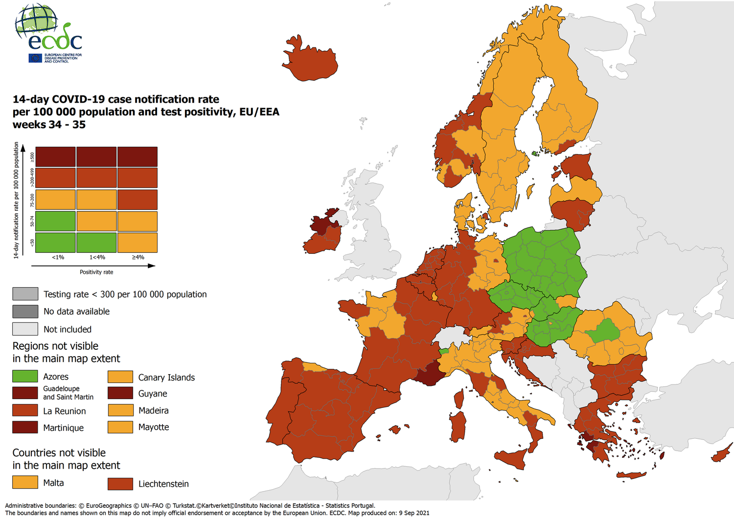 Die Farbe Rot bedeutet eine 14-Tage-Inzidenz von über 200 Neuinfizierten auf 100.000 Einwohner bzw. eine positive Rate von mehr als vier Prozent.