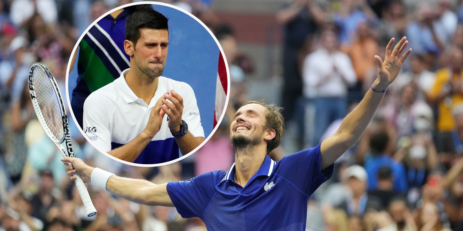 Daniil Medwedew triumphiert, Novak Djokovic weint.