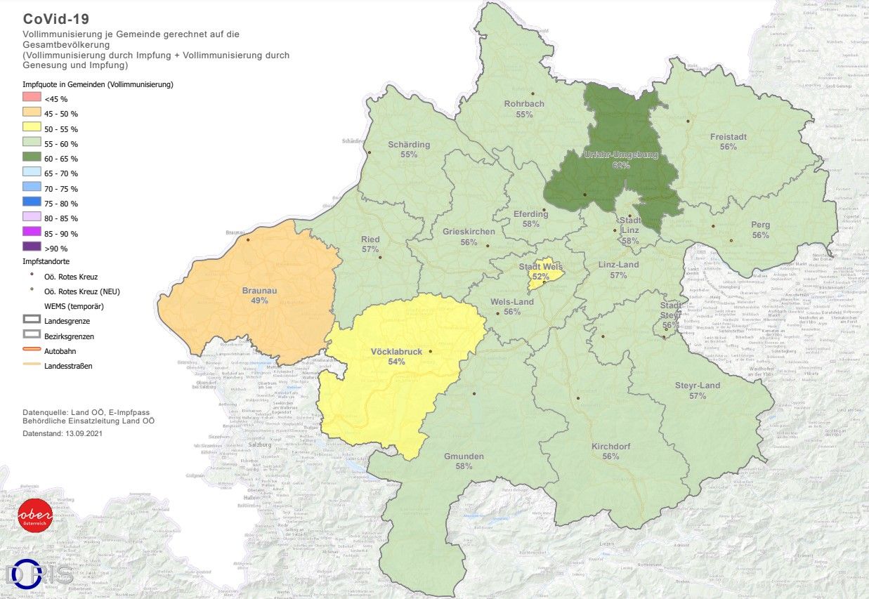 Die Grafik zeigt, wie die Impfquote in den einzelnen Bezirken in OÖ liegt.