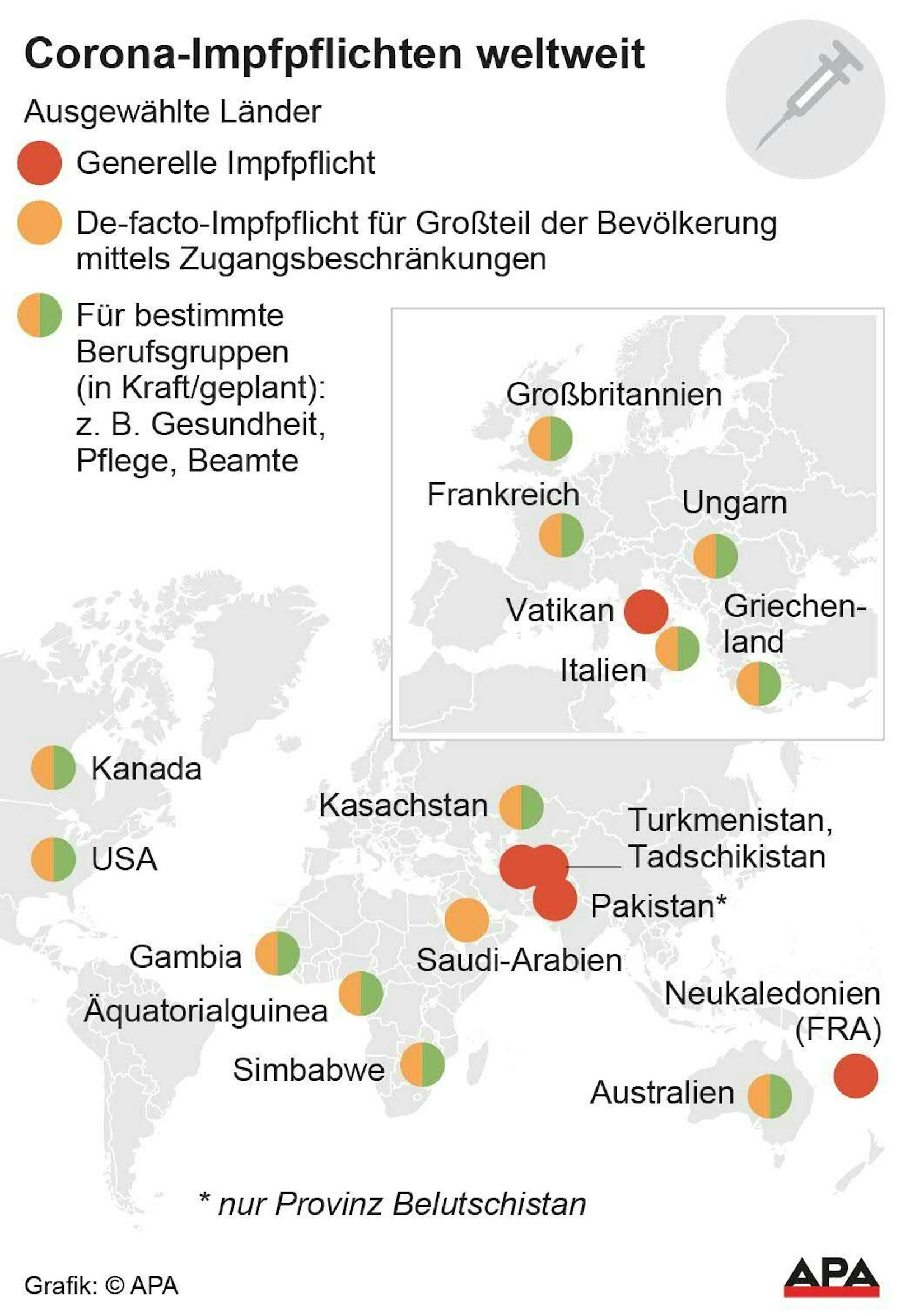Diese Karte zeigt Länder, in denen es eine generelle, indirekte oder eine für bestimmte Berufsgruppen Impfpflicht gibt.
