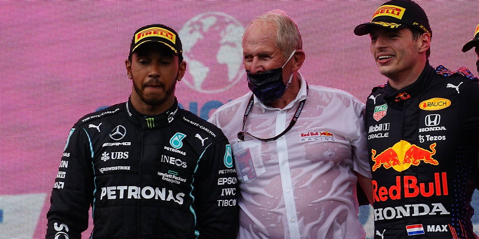Lewis Hamilton, Helmut Marko und Max Verstappen.