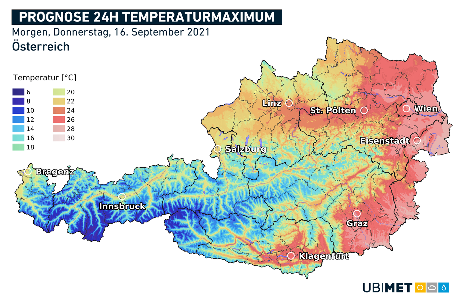 Die erwarteten Höchsttemperaturen am Donnerstag den 16.9.2021