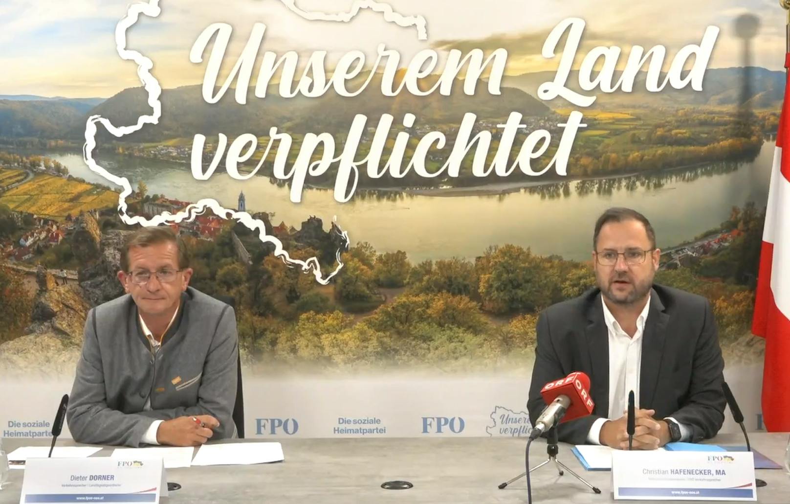Die FP-Verkehrssprecher Dieter Dorner und Christian Hafenecker bei der Pressekonferenz.
