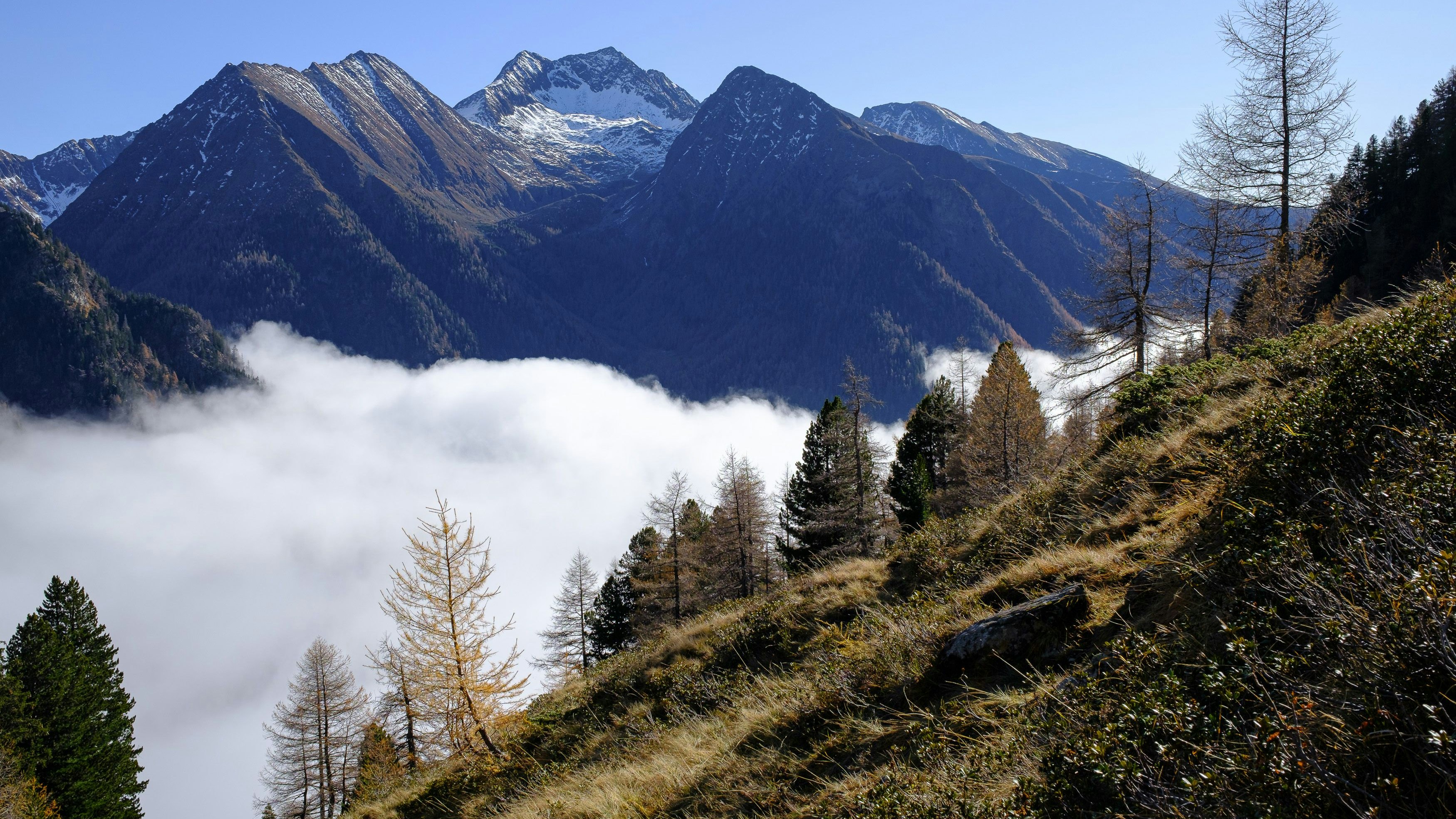 Download von www.picturedesk.com am 19.09.2021 (13:11).  06.11.2020, Lessach, Lungau, Salzburg, Österreich (Austria): Spätherbst im hinteren Lessachtal im Salzburger Lungau - im Bild von links die Gipfel Jägerspitze, Doppelgipfel Barbaraspitze und Roteck, Somspitze, Golzhöhe. .Fotocredit: Martin Huber - 20201106_PD10877 - Rechteinfo: Rights Managed (RM)