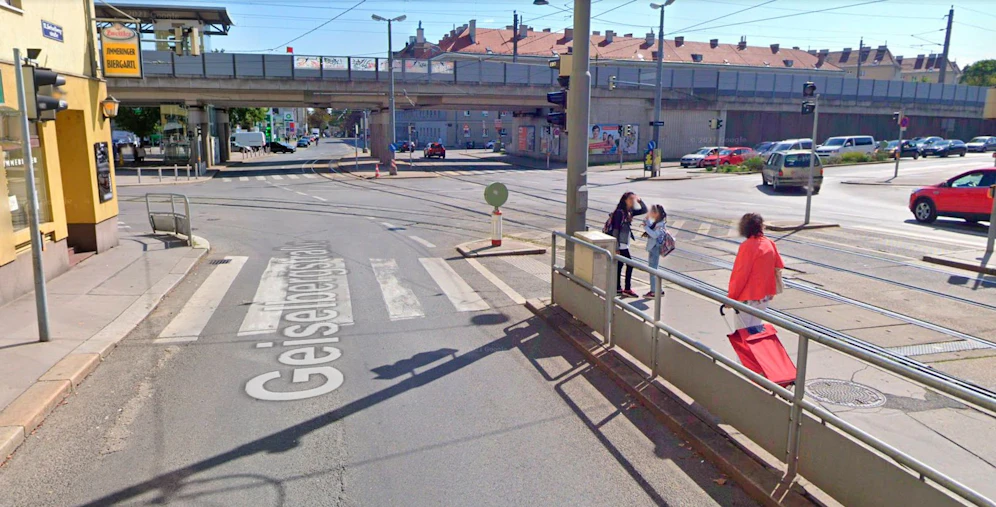 Blick auf die Kreuzung Geiselbergstraße / Leberstraße in Wien-Simmering. Symbolbild