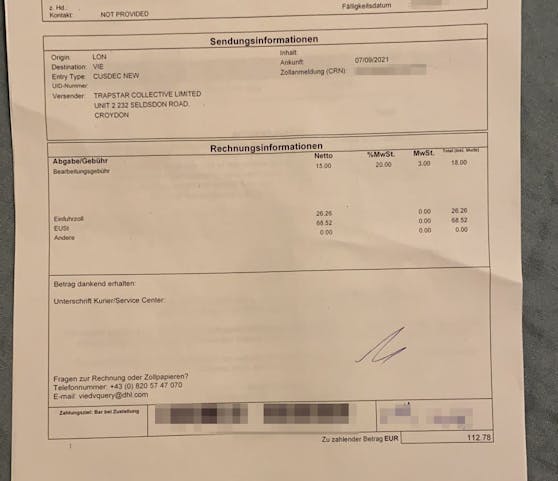 112 Euro für Zoll, Steuern und Gebühren.