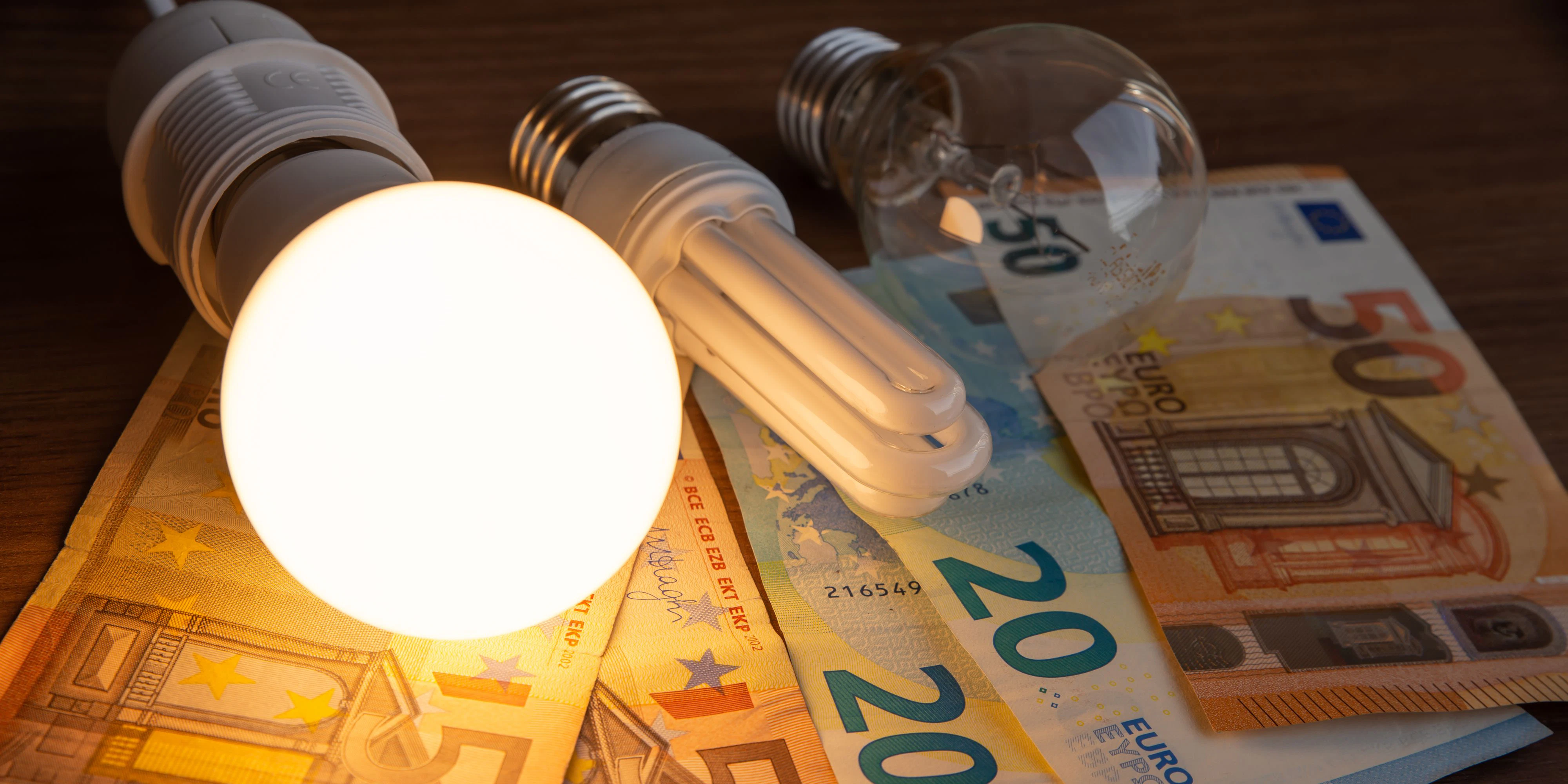 LED bulb on, with fluorescent bulb and incandescent bulb, with bills and coins next to it. Energy costs and evolution of light bulbs.