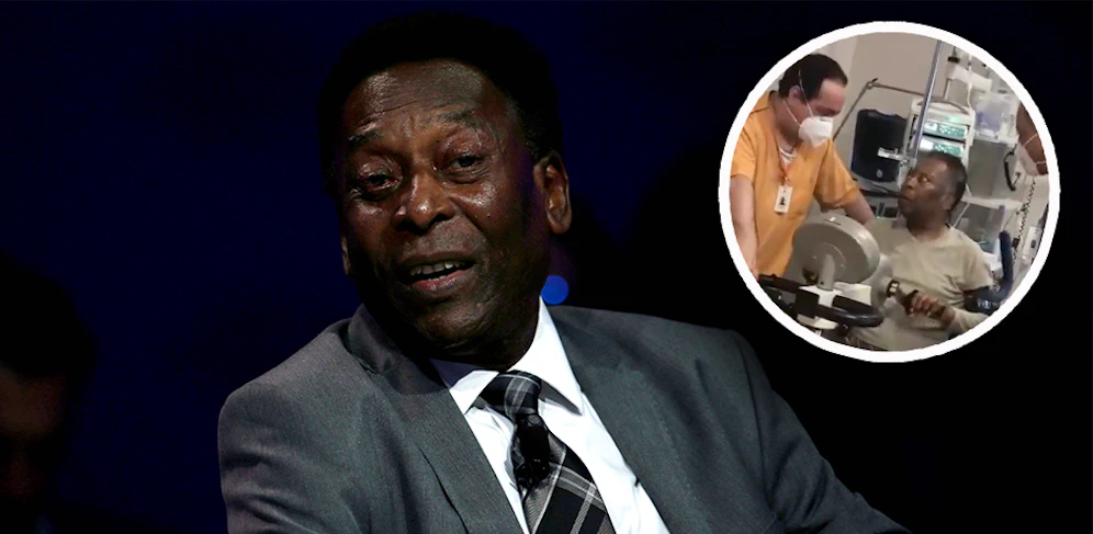 Fußball-Ikone Pele auf dem Ergometer. 