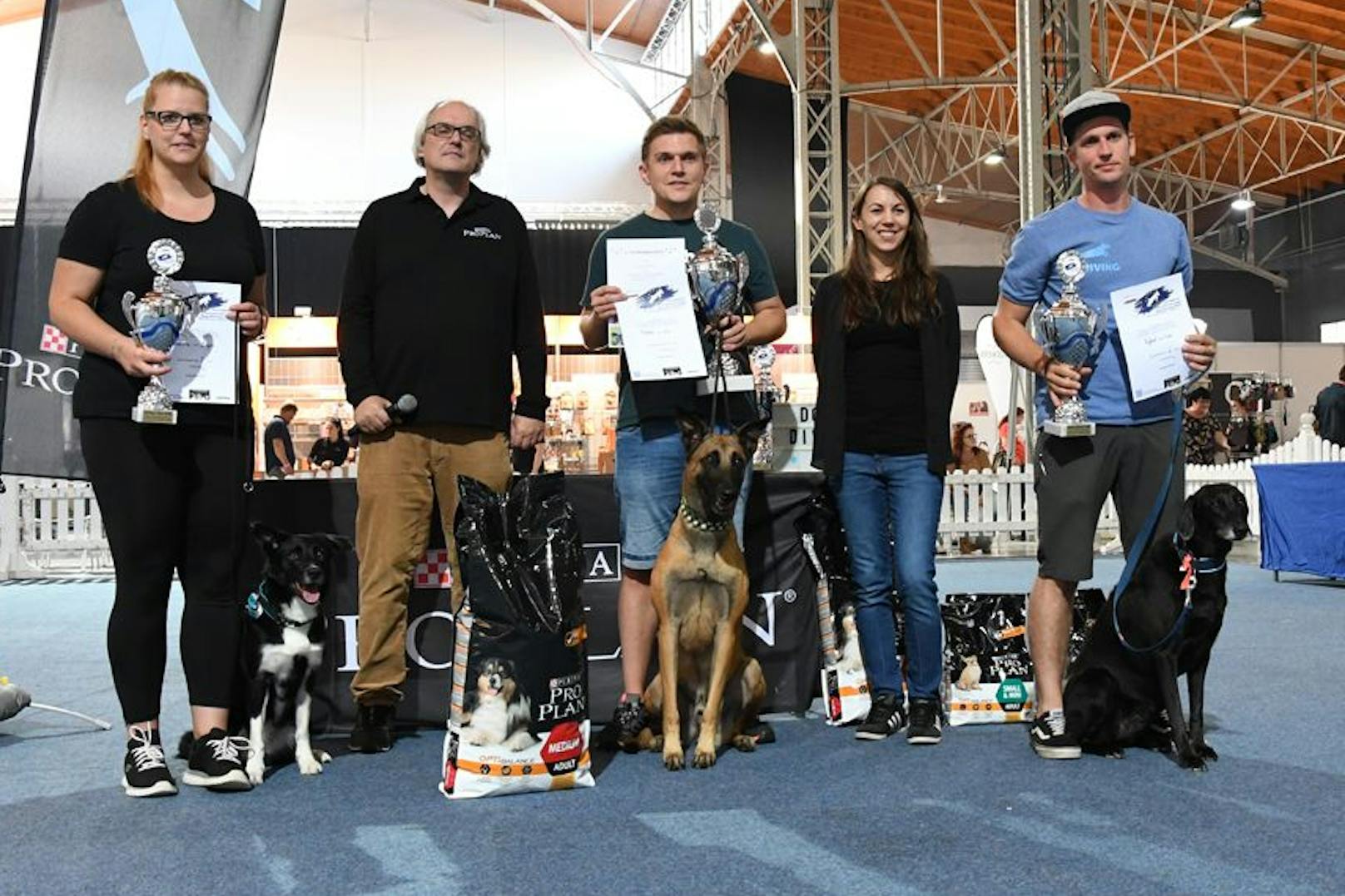 Die diesjährigen Gewinner der Dog-Diving-EM! "NICE (1. mitte)", "KIRA (2. re) " und "BAYOU" (3. li) 