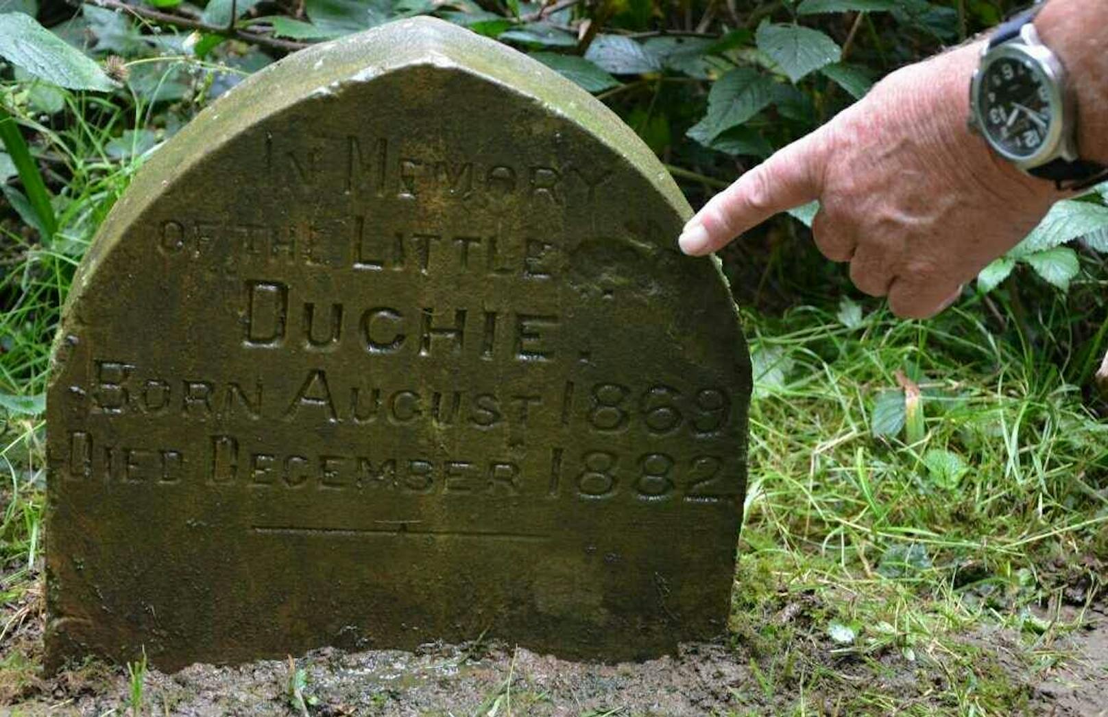 Offenbar wurde hier 1882 ein kleines Kaninchen namens "Duchie" vergraben. 