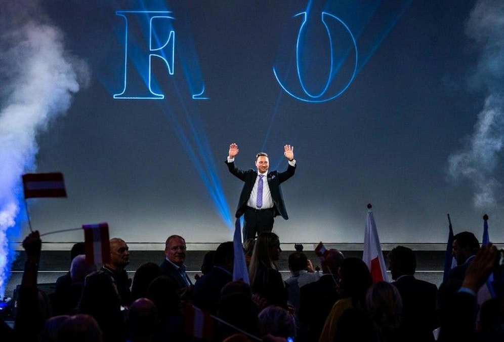 Manfred Haimbuchner von der FPÖ beim Wahlkampffinale der FPÖ im Design Center in Linz.