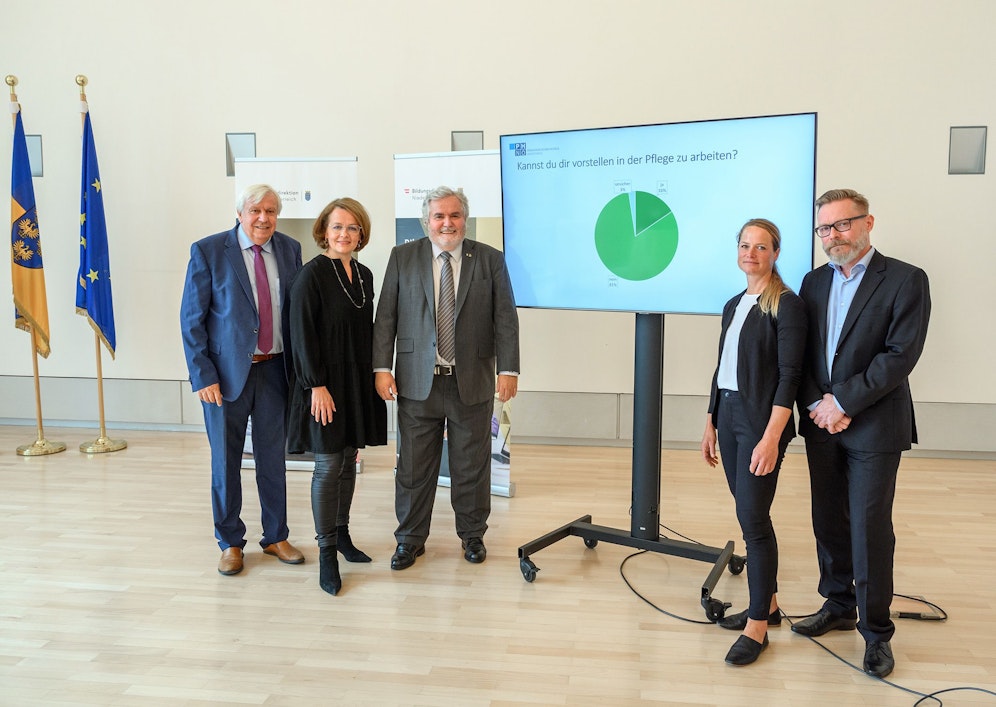 Bildungsdirektor Johann Heuras, Univ. Prof. Erwin Rauscher, Bildungs-Landesrätin Christiane Teschl-Hofmeister, Studienautorin Julia Niederfriniger und Studienautor Gregor Jöstl (v.l.)