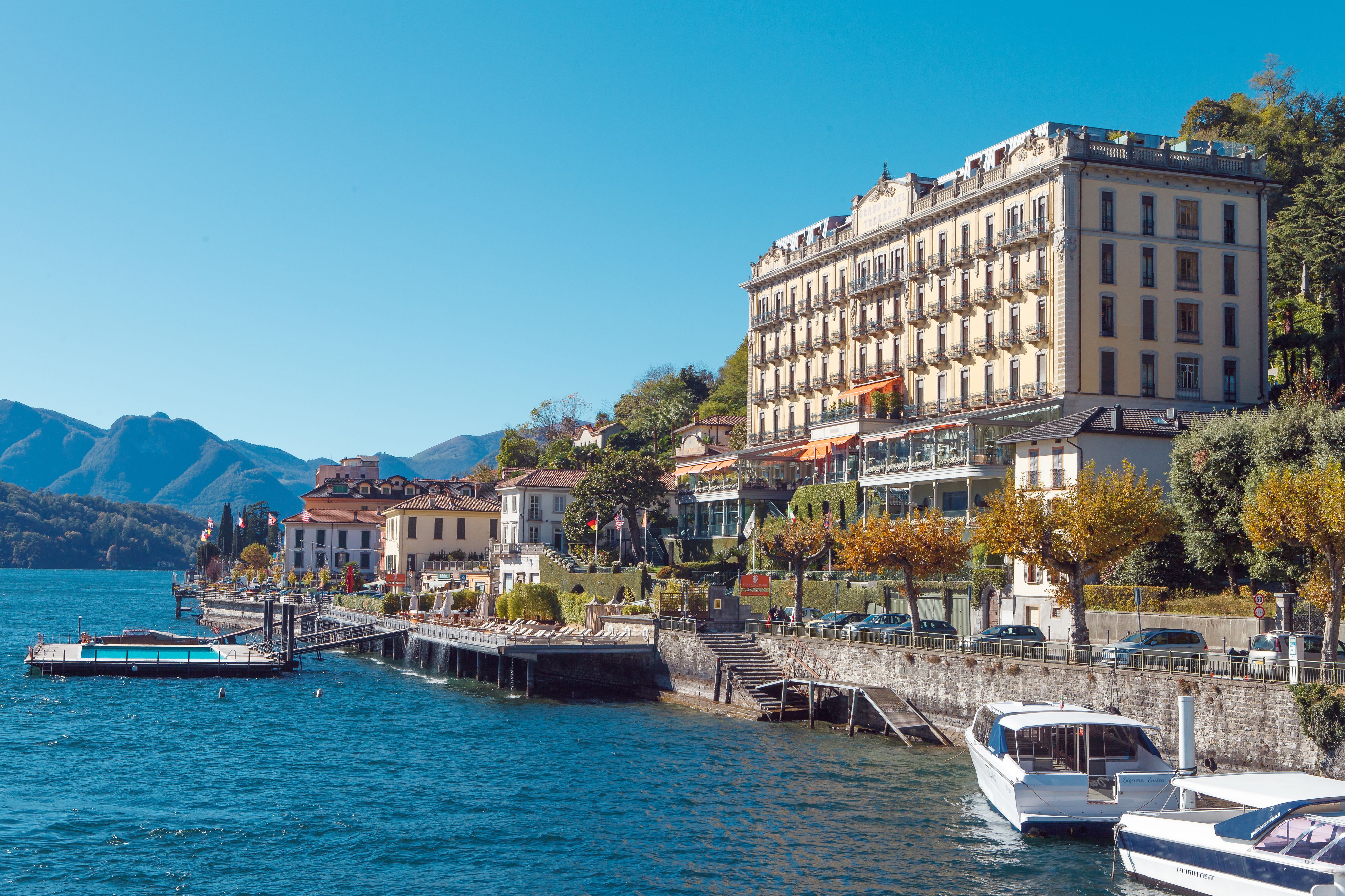 Tremezzo, Italy - October 23, 2017: The Grand Hotel Tremezzo. This palatial art nouveau hotel is located opposite Lake Como. Luxury hotel with three swimming pools. The decoration is elegant, an authentic and worthy tribute to the spirit of 1910.