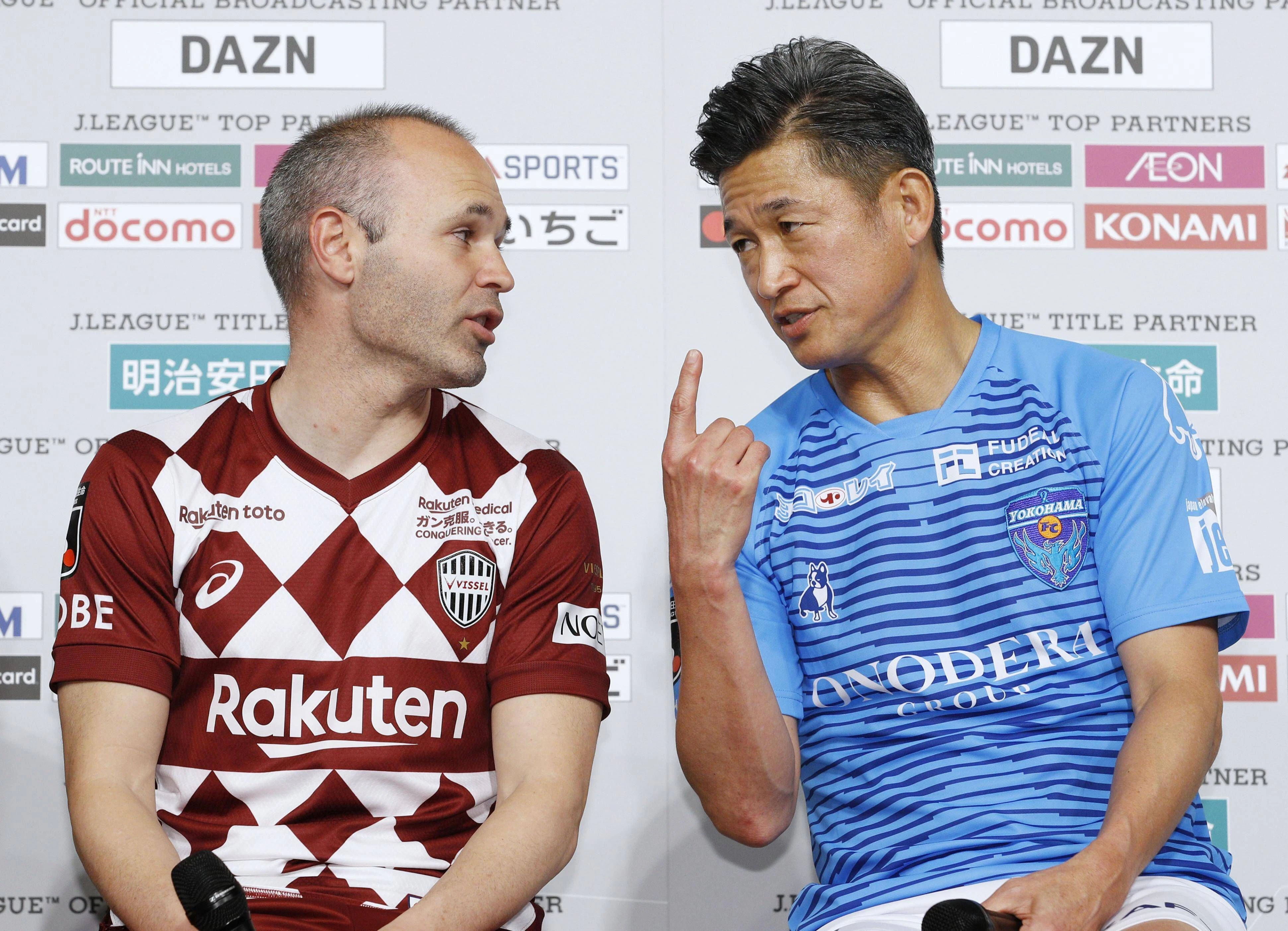 Football: J-League press conference, PK, Pressekonferenz Vissel Kobe s Andres Iniesta L and Yokohama FC s Kazuyoshi Miura talk after a press conference in Tokyo on Feb. 14, 2020. The J-League football season begins on Feb. 21 with a match between Shonan Bellmare and Urawa Reds. PUBLICATIONxINxGERxSUIxAUTxHUNxONLY 