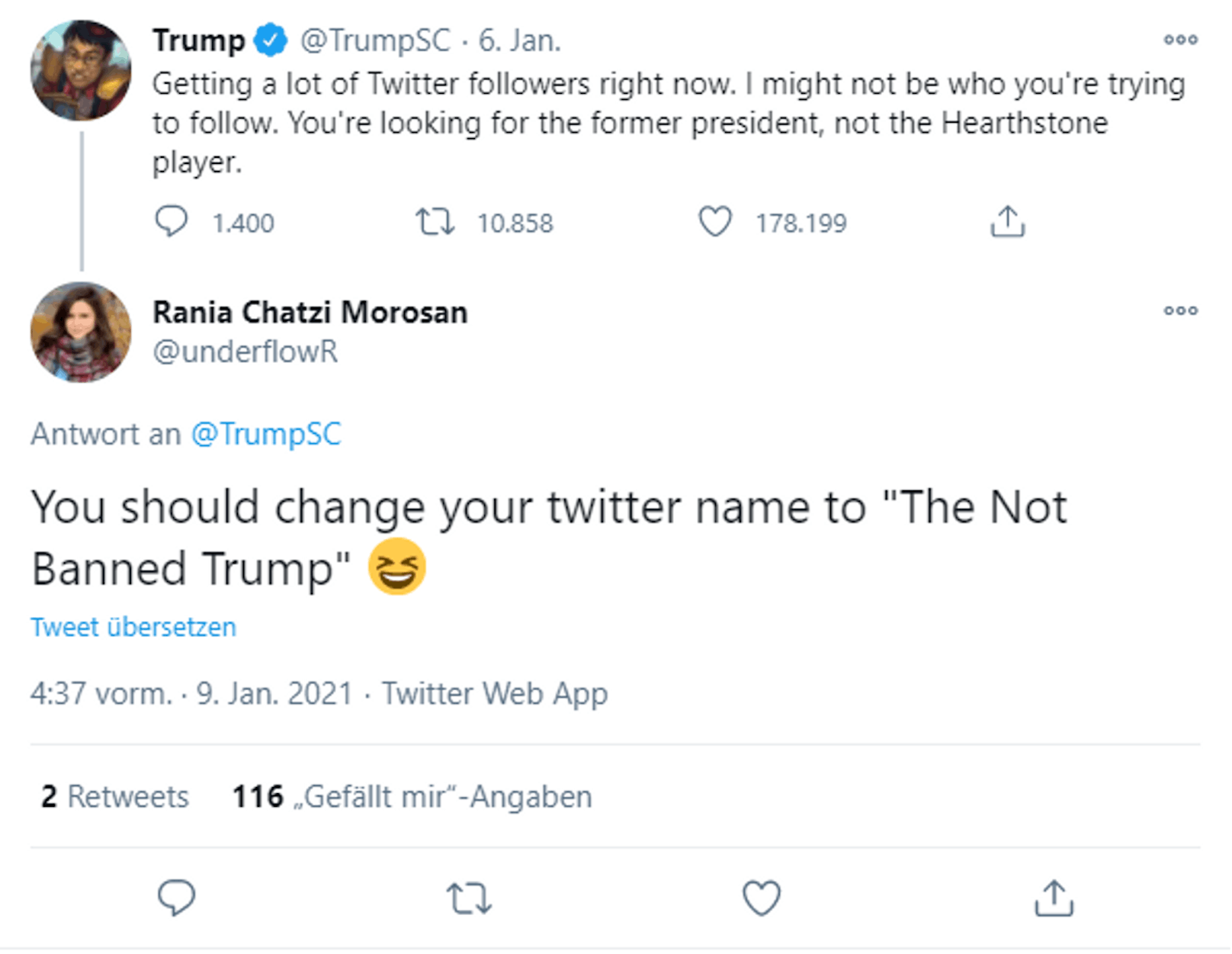Einige nutzen die Chance für einen Seitenhieb: "Du solltest deinen Twitter-Namen zu 'Der nicht gesperrte Trump' ändern."