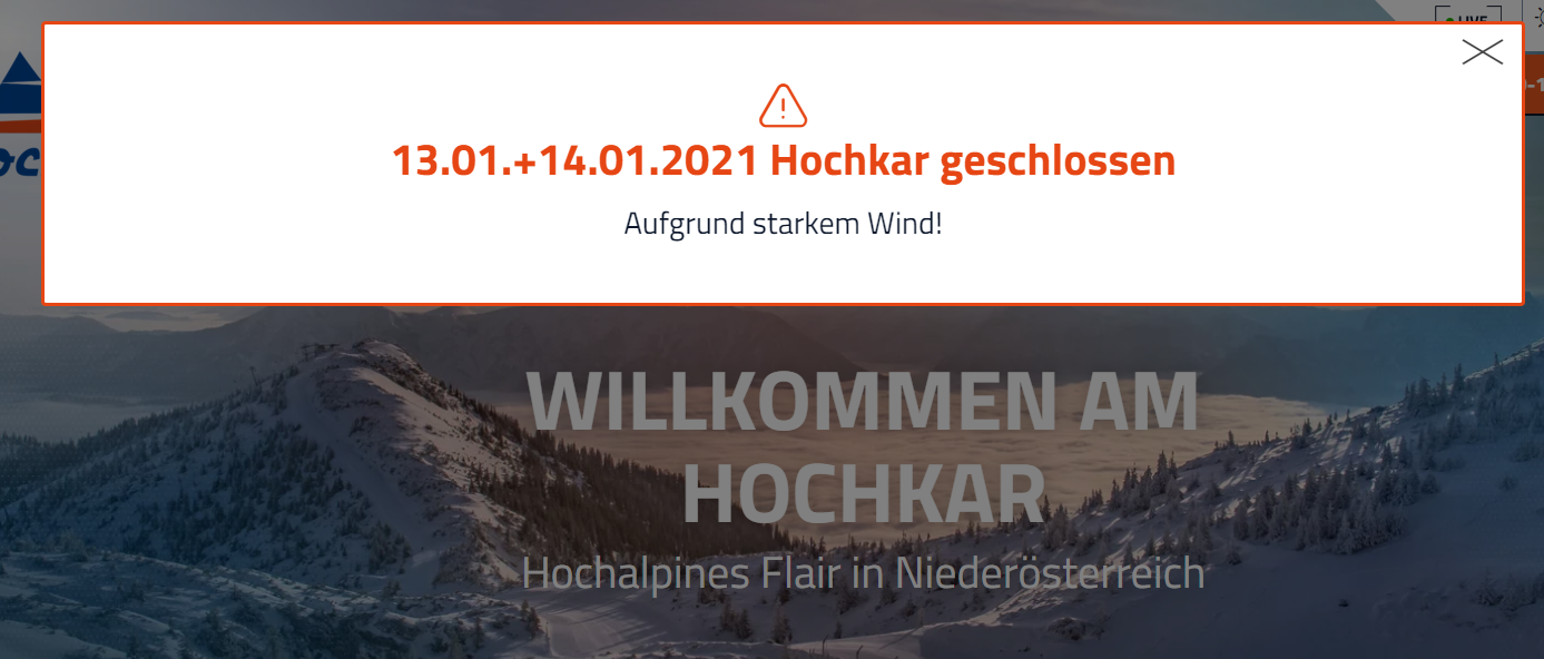 Auf der Homepage wird auf die Sperre hingewiesen.