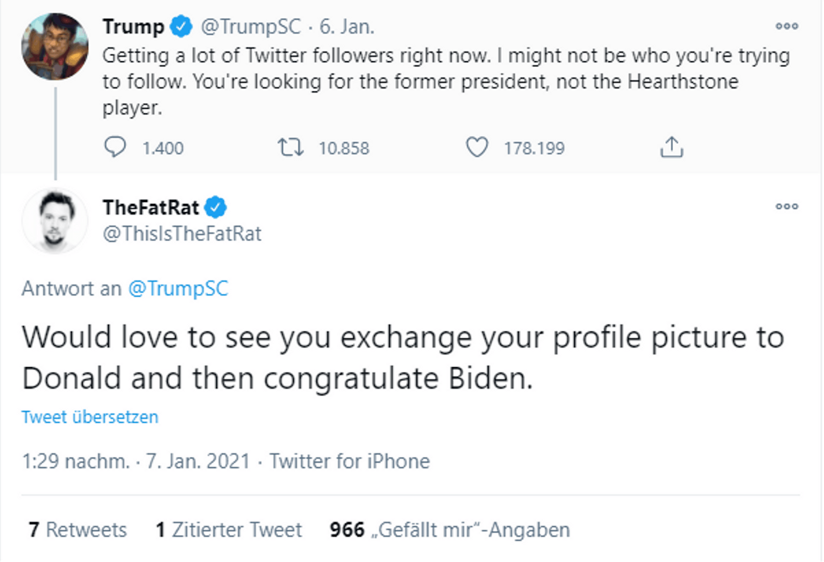 Sein Tweet sorgt für lustige Kommentare. Hier: "Würde es lieben, wenn du dein Profilbild zu Donald Trump wechselst und dann Biden beglückwünschst."