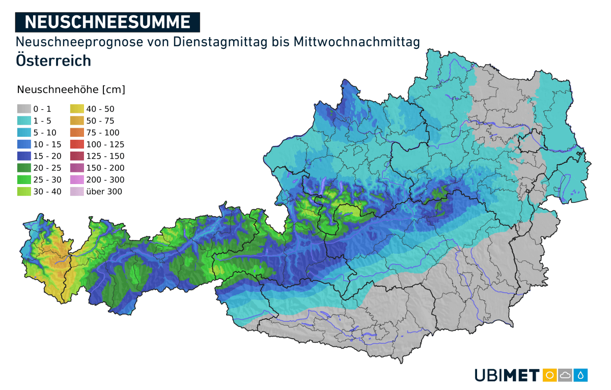 Neuschneeprognose von Dienstagmittag bis Mittwochnachmittag