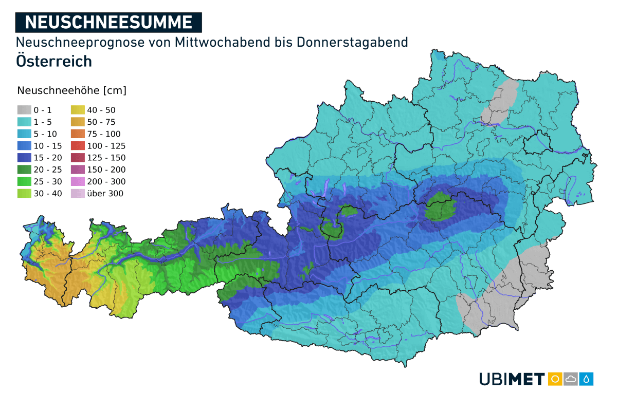 Neuschneeprognose von Mittwochabend bis Donnerstagabend.