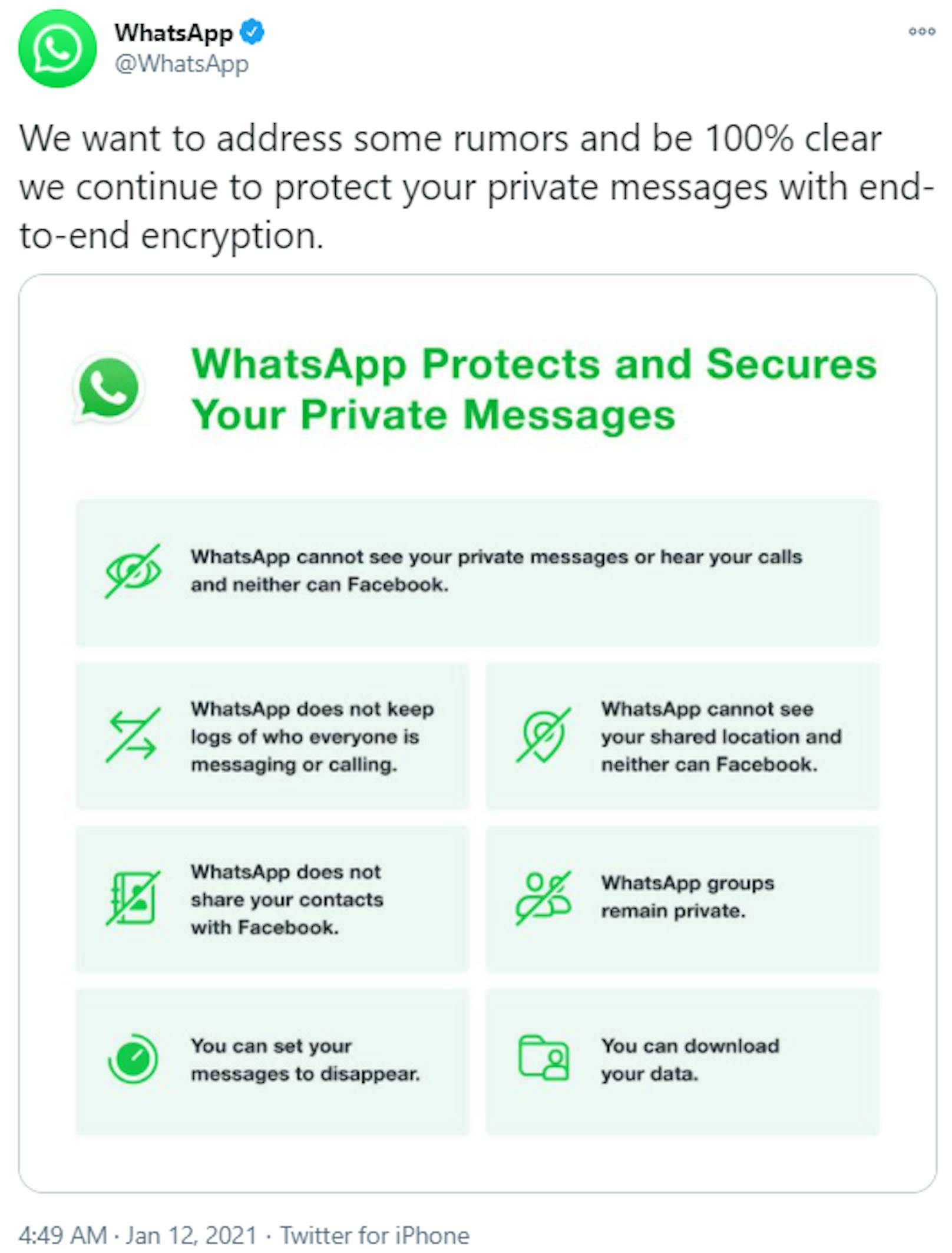 WhatsApp erklärt, welche Daten nicht an Facebook weitergeleitet werden.