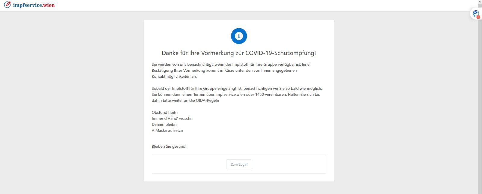 Dieses Fenster zeigt an, dass die Vormerkung erfolgreich abgeschlossen wurde.