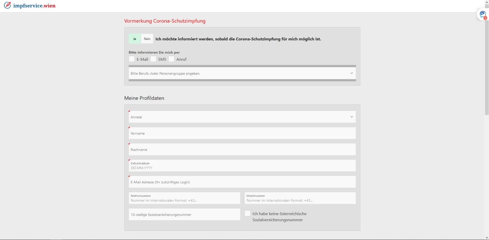 So sieht die Online-Vormerkplattform der Stadt Wien zur Corona-Impfung aus.&nbsp;