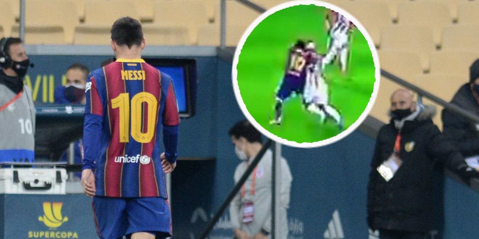 Lionel Messi schleicht nach seinem Schlag und der Roten Karte vom Platz.