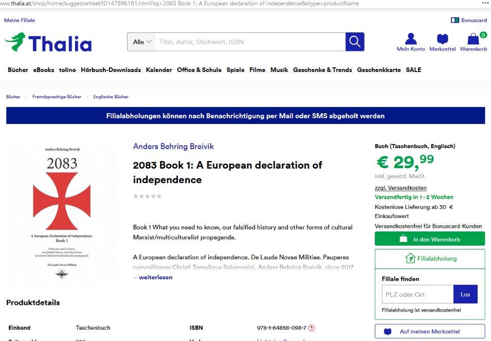 Die rechtsextreme Schrift von Massenmörder war bestellbar.