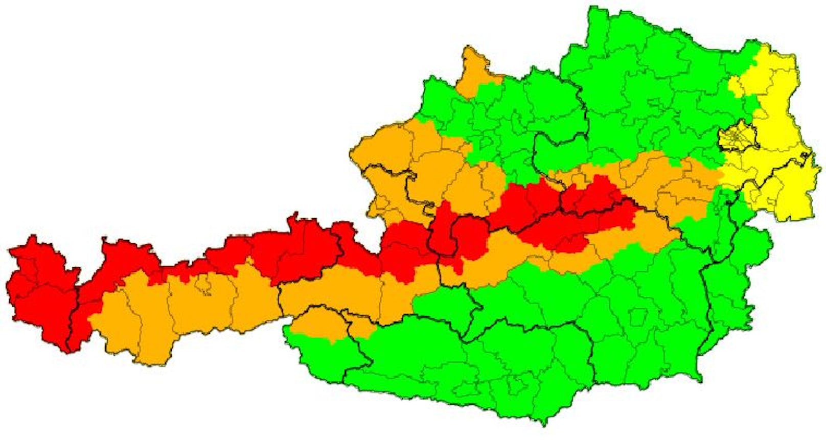 Aktuelle Wetter-Warnstufe in Österreich.