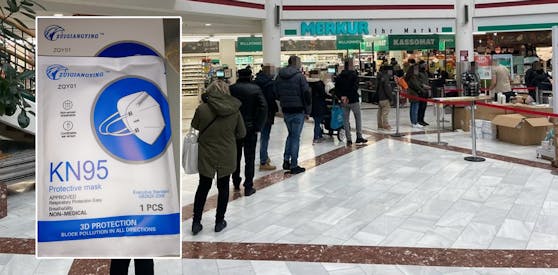 Diese Masken bekamen Kunden, die sich in der Lugner City für FFP2-Masken anstellten