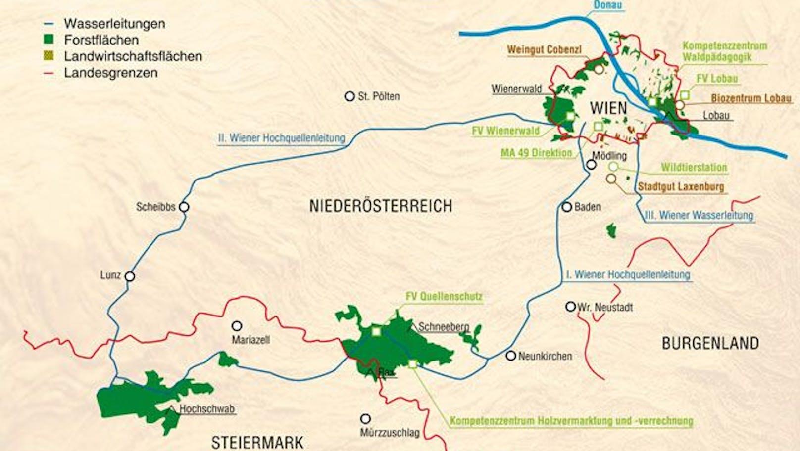 Übersichtskarte der Quellschutzwälder (grün) im Besitz der Stadt Wien in NÖ und der Steiermark