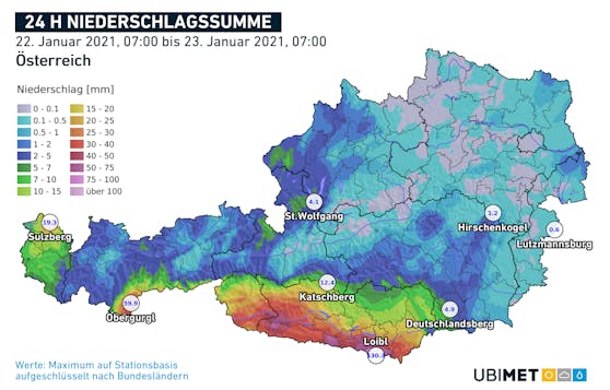 Niederschlagsmenge (Regen+Schnee) seit Freitagfrüh