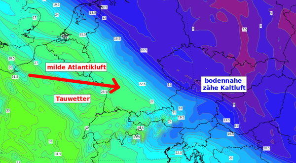 Am Donnerstag drängt die Warmluft langsam die Kaltluft nach Osten ab.