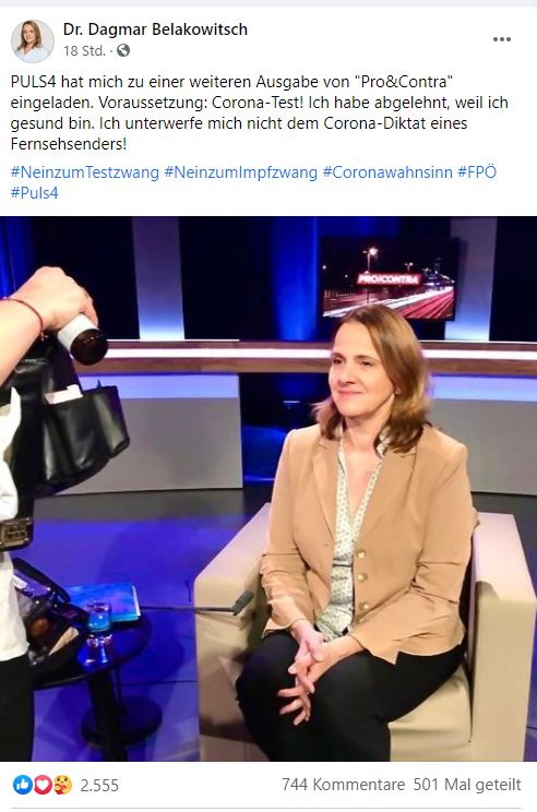 Dagmar Belakowitsch kritisierte den "Corona-Wahnsinn" des Senders.